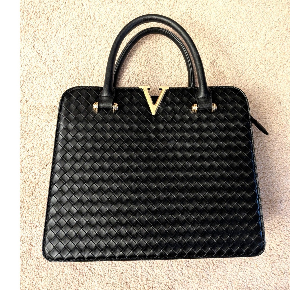 Grossi Black Woven Lattice V Logo Clasp Satchel Tote Handbag